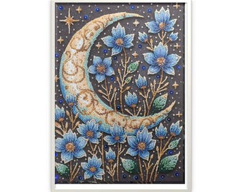 Magic night bead embroidery kit, Fairy moon beading kit, Moonflowers beadwork kit