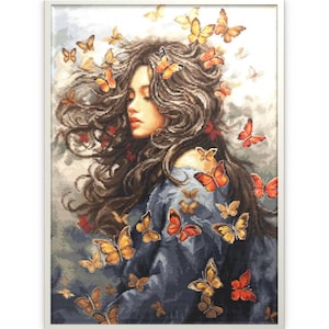 Girl with butterflies cross stitch kit, Beautiful girl embroidery kit, cross stitch by Luca-S