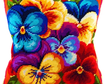 DIY Needlepoint Pillow Kit violets, needlepoint pillow kits flowers, needlepoint canvas, Tapestry kit, Tent Stitch Kit, Printed Canvas