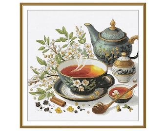 Jasmine Tea Party Cross Stitch, Honey & Flower Still Life X-stitch