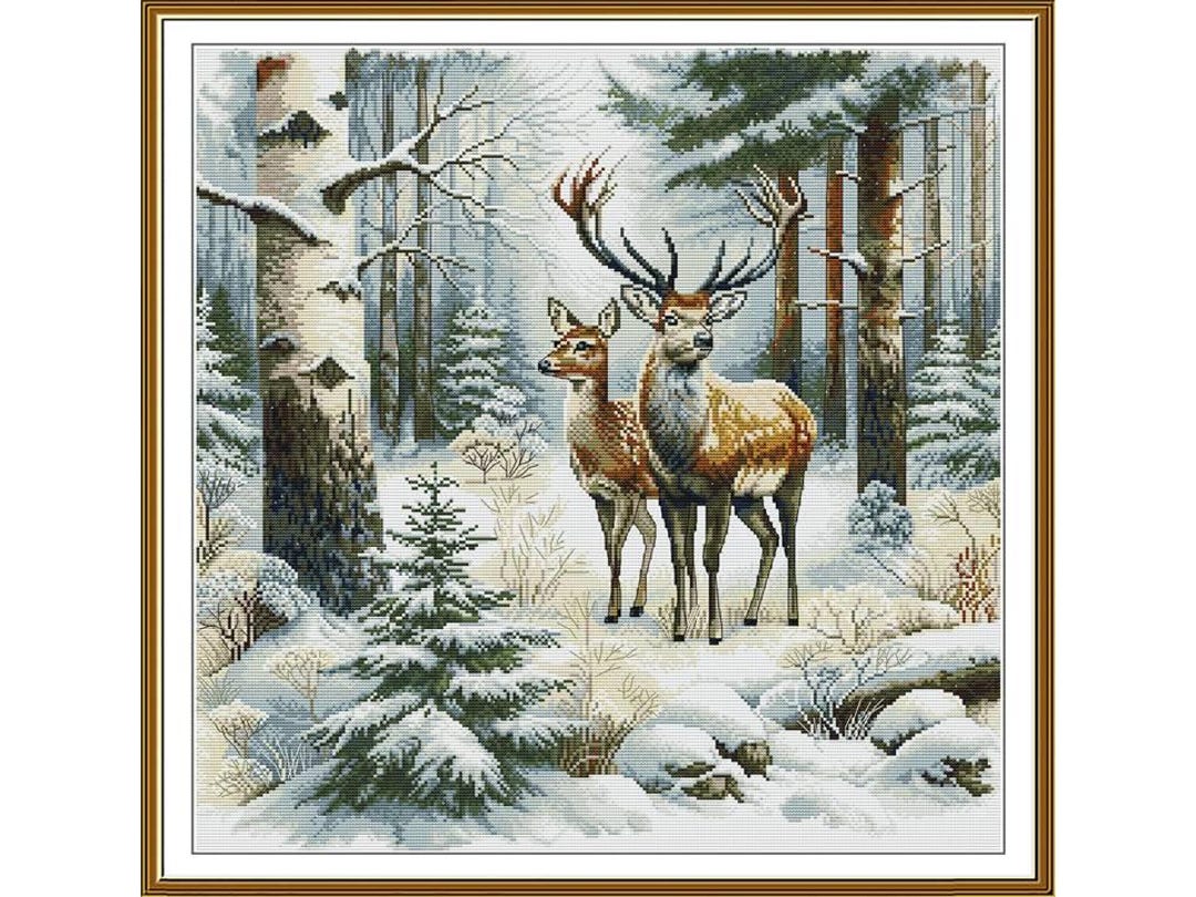 Deer in the Winter Forest Cross Stitch Kit, Snow-covered Forest ...