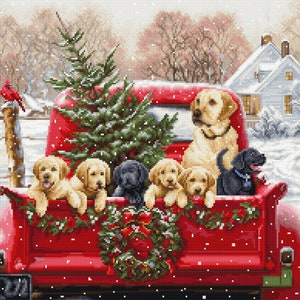 Cross Stitch Kit by Luca-S BU5009 Labs Truck, Christmas cross stitch, Holiday needlework kit, Christmas embroidery design