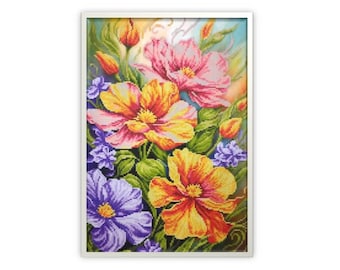 Summer colorful flowers bead embroidery kit, Beadwork flowers kit, Beautiful flowers beading kit
