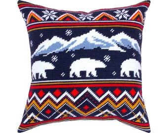 Winter bears DIY Needlepoint Pillow Kit, Merry Christmas Tapestry kit, Tent Stitch Kit, Embroidery kit 16"x16" (40х40cm), Printed Canvas