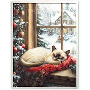 Winter sleep  cross stitch kit, Cat on the window embroidery kit, Winter landscape needlework kit, Luca-s Christmas design