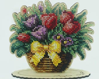 Bouquet of Flowers Wooden Beadwork Kit, Flower Vase bead stitching wood, home decor, beading figurine