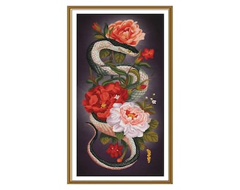 Snake in flowers cross stitch kit, Symbol of wisdom embroidery kit, Symbol of the Year 2025