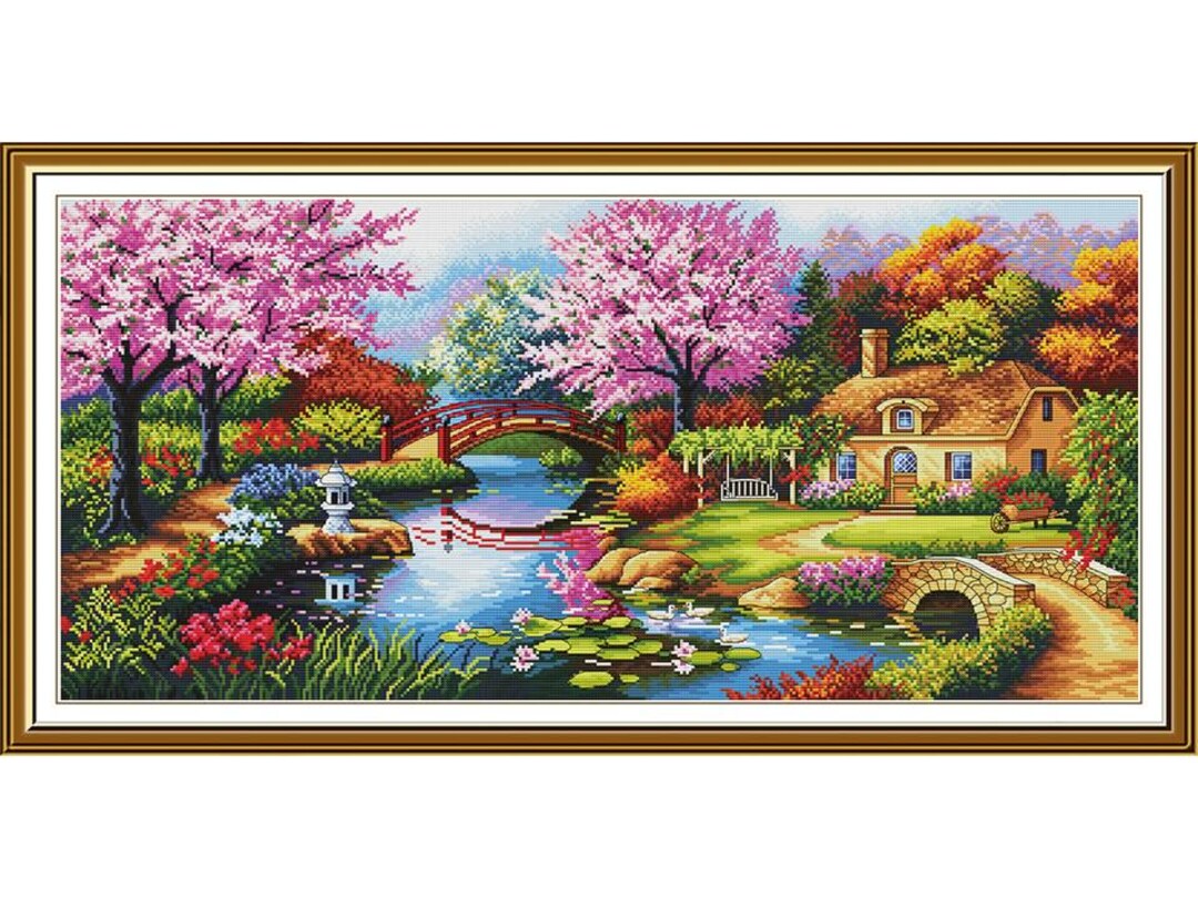 グラフィックアート Biwako360°(spring) Japanese Garden Cross Stitch Kit, Spring Landscape Embroidery - Etsy