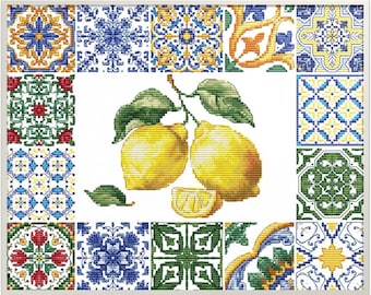 Mediterranean lemons cross stitch kit, Fruit sampler embroidery kit, Pattern sampler needlework kit