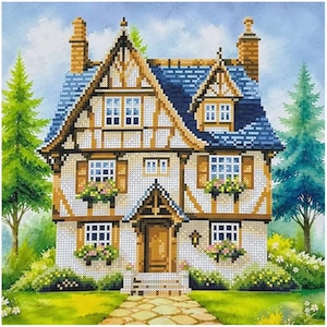 May include: A diamond painting kit featuring a two-story Tudor-style house with a blue shingled roof, white walls with brown timber framing, and brown shutters. The house has multiple windows with flower boxes, a central front door, and green trees.