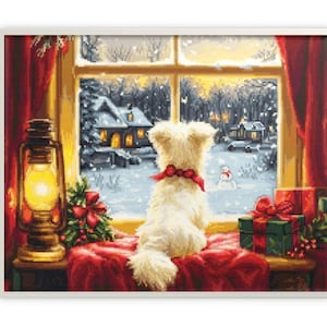 Waiting for snowflakes cross stitch kit, Cute dog outside window embroidery kit, Winter landscape  needlework kit, Luca-s Christmas design