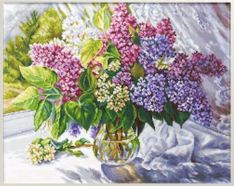 Luca-S Petit Point Kit vaas met hortensia's, G700 Luca-S Petit Point Kit vaas met hortensia's, G700