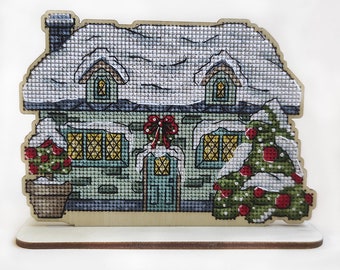 Winter cottage DIY cross stitch kit on wood, wooden embroidery kit, wooden stitching home decor