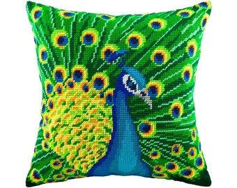 DIY Needlepoint Pillow Kit Peacock, needlepoint pillow kits bright bird, needlepoint canvas, Tapestry kit, Tent Stitch Kit, Printed Canvas