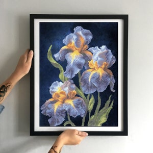 Helderblauwe irissen kraal borduurset, kralenset bloemen kralen, kralenset mooie bloemen