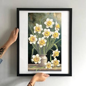 Blumenstrauß aus weißen Narzissen in einer Vase, Perlenstickerei Kit, Weiße Blumen Kit, Schöne Blumen Perlen Kit