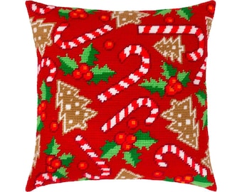 DIY Needlepoint Christmas Pillow Kit, X-mas Tapestry kit, Tent Stitch Kit, Printed Canvas