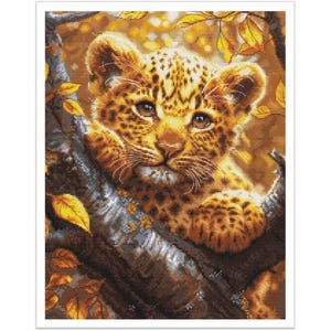 Cute leopard cross stitch kit, Leopard cub embroidery kit, Animal needlework Jungle cross stitch kit, Tropic Embroidery kit