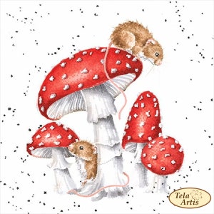 May include: Three red and white mushrooms with white spots, two with small brown mice sitting on them. The mice are looking at the viewer. The background is white with black dots.