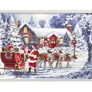 St. Nicholas and reindeer cross stitch kit, New Christmas design embroidery kit, Holiday needlework kit, Winter landscape