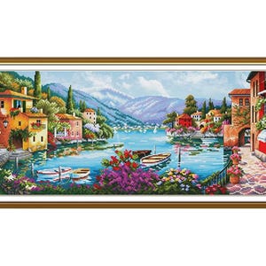 Mediterranean Coast Panoramic Cross Stitch Kit, Lake Como Coastal Town Embroidery Design, Large Italian Landscape Needlepoint Set