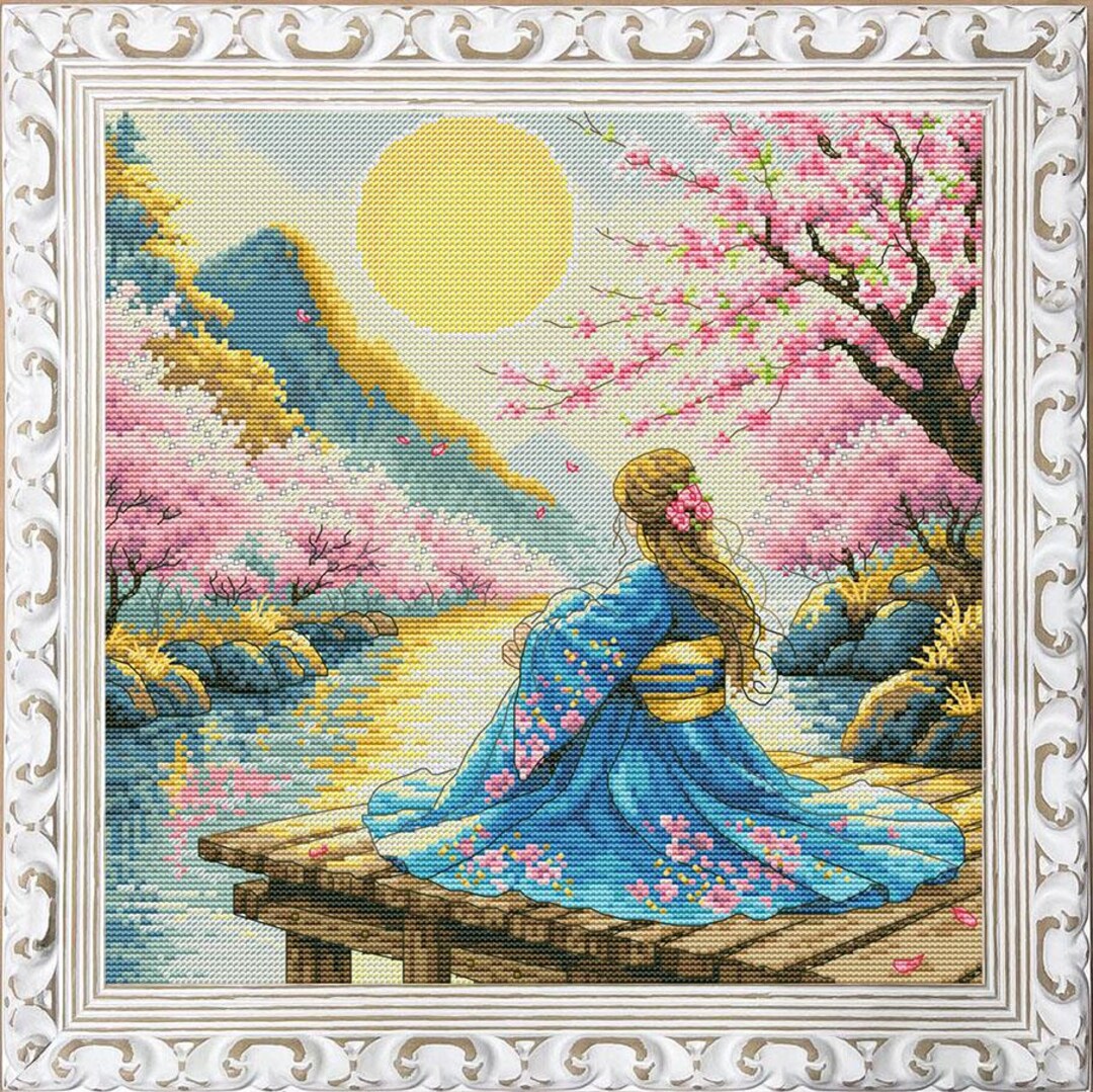 Sakura Blossoms Cross Stitch Kit, Oriental Girl Embroidery Kit ...