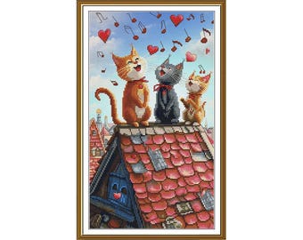 Cats on the Roof cross stitch kit, Lovely kitten embroidery kit