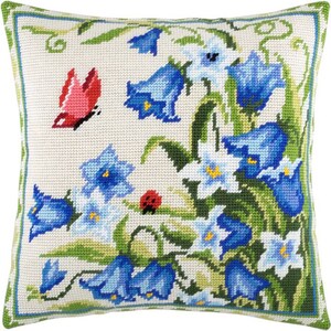 Bellflowers Needlepoint Pillow Kit, Tapestry kit, Tent Stitch Kit, Floral print pillow kit, Printed Canvas, Light blue pillow kit