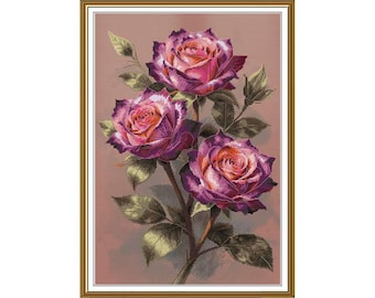 Velvet Roses cross stitch kit, Pink flowers embroidery, Exquisite art wall decor