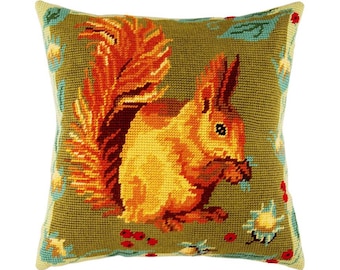 Squirrel  DIY Needlepoint Pillow Kit, Tapestry kit, Tent Stitch Kit, Embroidery kit 16"x16" (40х40 cm), Printed Canvas