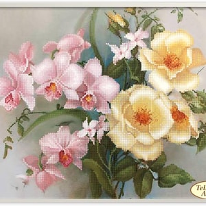 Borduurpakket kralen rozen en orchideeën, kit delicate bloemen kralen, kralenset mooie bloemen