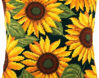 DIY Needlepoint Pillow Kit "Sunflowers", Tapestry kit, Tent Stitch Kit, Floral print pillow kit, Printed Canvas, Yellow pillow kit