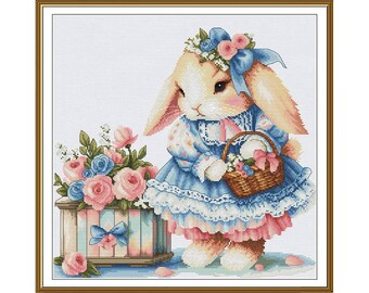 Cute Bunny in Blue Dress Cross Stitch Kit, Sweet Rabbit with Flowers DIY Embroidery Set, Nursery Wall Art Needlework