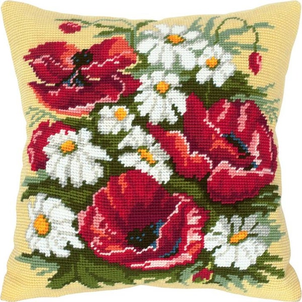 DIY Needlepoint Pillow Kit "Poppies and daisies", Tapestry kit, Tent Stitch Kit, Embroidery  camomiles, Printed Canvas