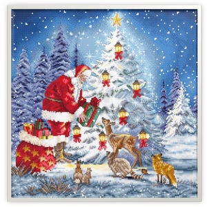 Santa by the Christmas tree cross stitch kit, Santa embroidery, Holiday needlework kit, Christmas embroidery design