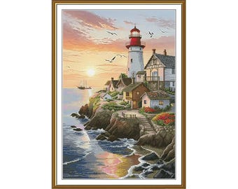 Evening lighthouse  cross stitch kit, Sunset over the sea embroidery kit, Paradise cross stitch kit,