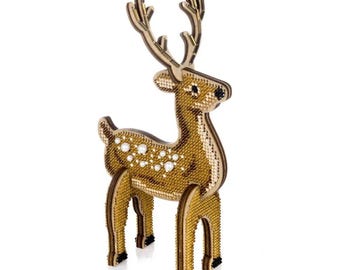 Reindeer 3D wooden beadwork kit,  DIY Christmas bead decor, Reindeer beading figurine