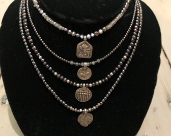 Vintage indian goddess pendant on labradorite and pearl