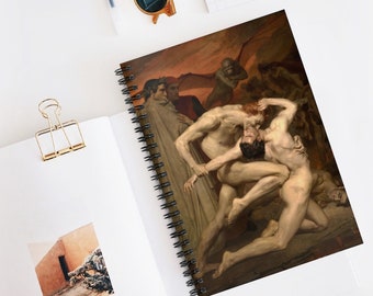 May include: A painting depicting a scene from Dante's Inferno. Two nude men wrestle in the foreground, surrounded by figures in the background. The painting is set against a fiery orange and red background.