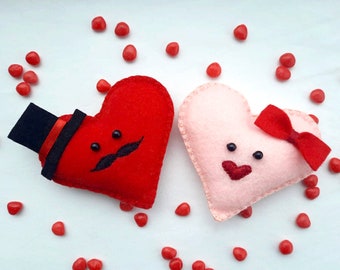 Valentine's Day Decor - Heart Ornament - Red and Pink Hearts - Felt Ornament - Mr and Mrs - Galentine's Gift