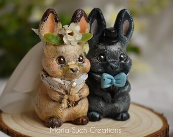 Whimsical Bunny Wedding Cake Toper, Bride & Groom for Fantasy Wedding, Handsculpted rabbit figurines, Gift for couples