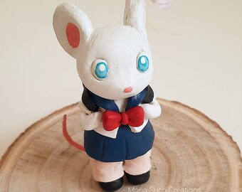 Handsculpted Mouse Art Toy, Mouse handmade figurine, collectibles figures, japanese school uniform, ooak figure, kawaii room decor,