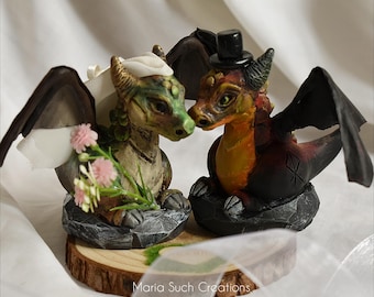 Bride & Groom Dragon wedding cake topper, Fantasy wedding decor, Forest dragon couple, geek wedding, valentine gift, nerdy bridal gift