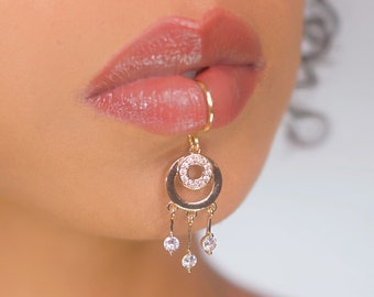 Gold crystal dangle Lip Cuff, No piercing needed, lip ring, Faux piercing,  Pendant Lip hugger