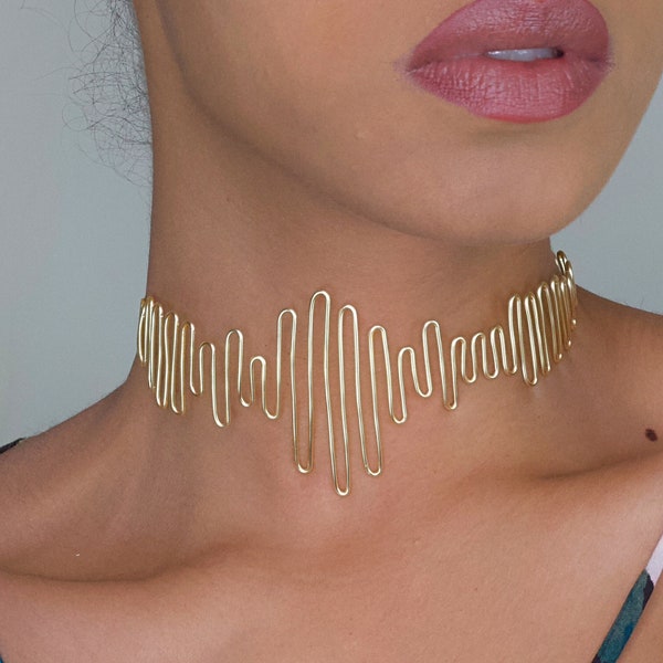 Pulse wire choker necklace, minimalist choker, handmade gold necklace, Natural copper, statement jewelry