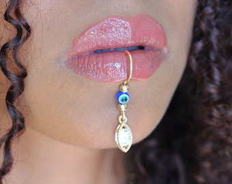 Evil Eye Lip Cuff, Nose cuff, fake piercing, Custom Gold or Silver Pendant Lip Cuff no piercing