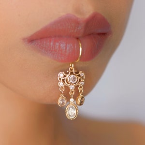 Gold crystal dangle Lip Cuff, No piercing needed, lip ring, Faux piercing,  Pendant Lip hugger