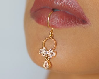 Bell Gold crystal dangle Lip Cuff, No piercing needed, lip ring, Faux piercing,  Pendant Lip hugger