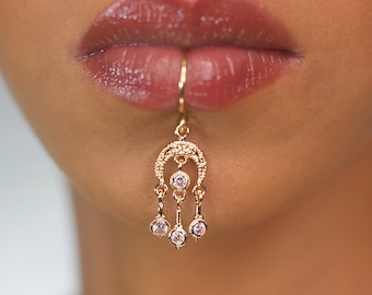 Gold crystal dangle Lip Cuff, No piercing needed, lip ring, Faux piercing,  Pendant Lip hugger