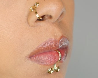 Ensemble fait main de faux nez et de fausses lèvres dorées - Aucun piercing nécessaire